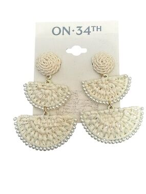On 34th Gold-Tone Woven Raffia & Stone Bead Tiered Statement Drop Earrings